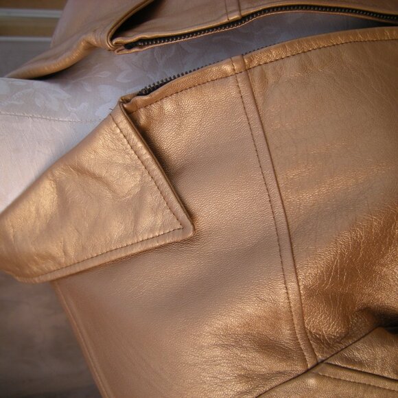 CACHE Gold Leather Cropped Sexy Little Zippered Moto Jacket - S - Picture 6 of 9